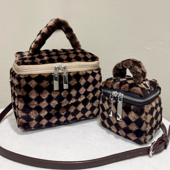 Checkerboard Real Shearling Leather Handmade Boxy Bag Set/Lamb Fur Crossbody Bag - Picture 1 of 16